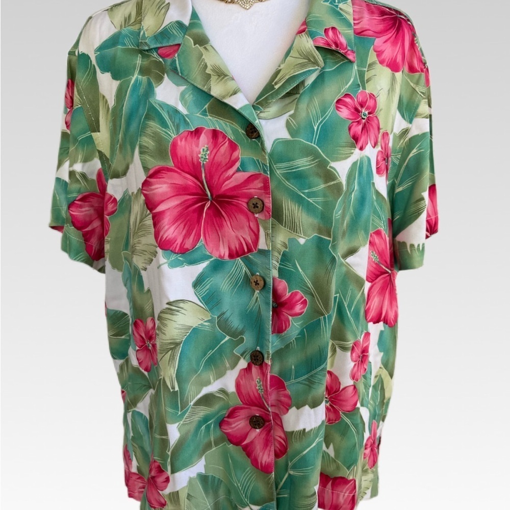 Tropical Hibiscus Button-Down Shirt - Green & Pink